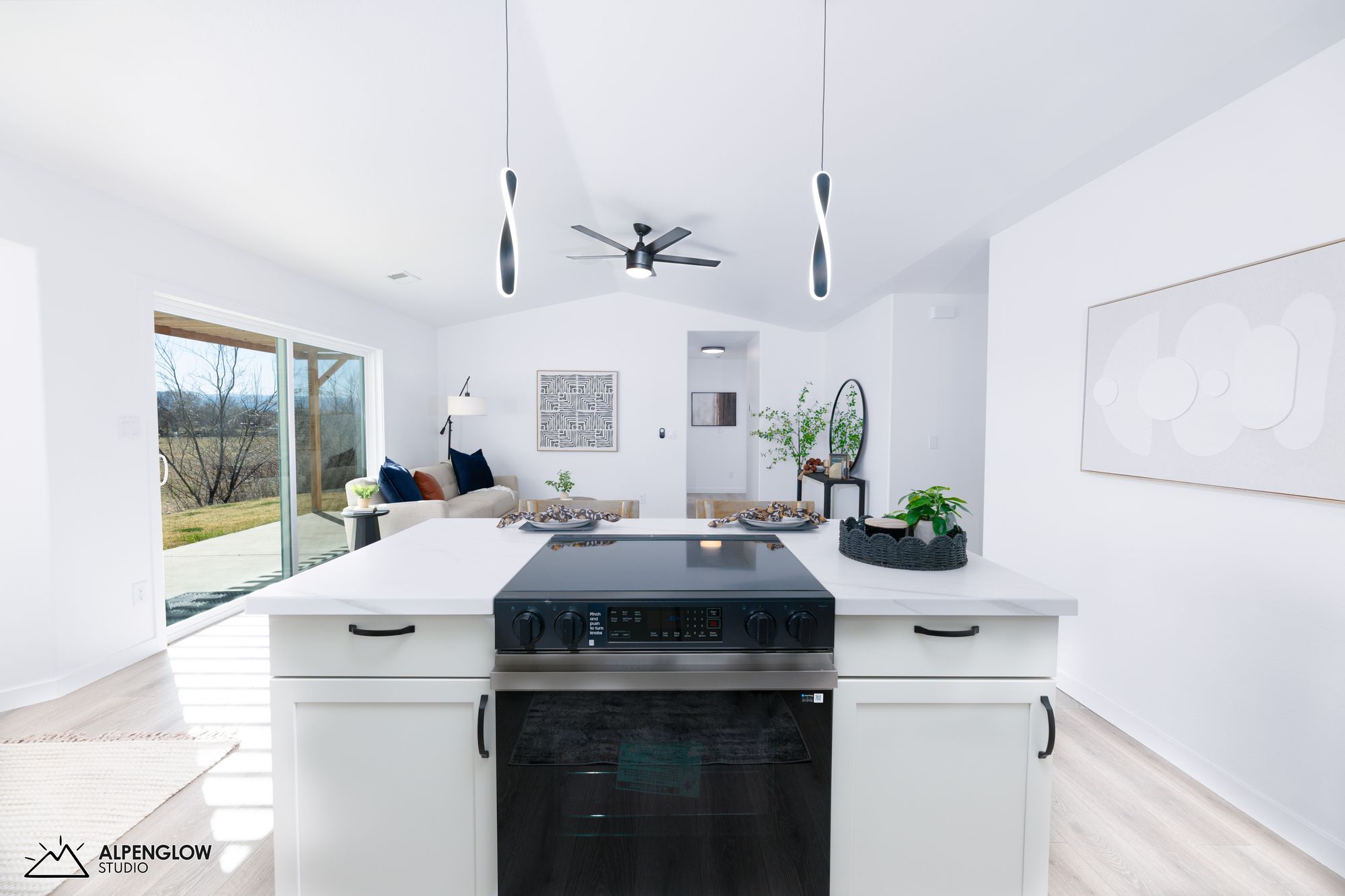 Kitchen and dining area from a wide angle showing open floor plan